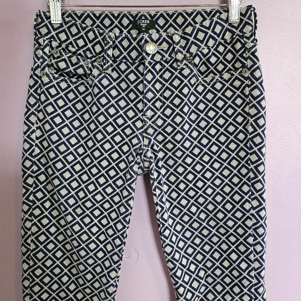 J. Crew Navy & Taupe Geometric Diamond Print Low Rise Stretch Skinny Jeans